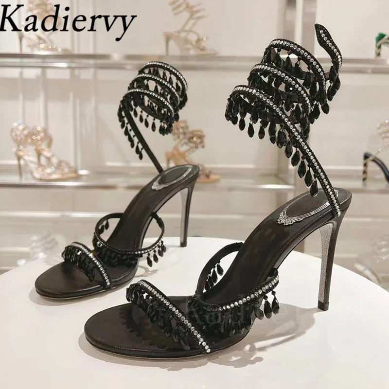 Sexy High Heels Sandals Woman Crystal Pendant Snake Twine Around Twine Ankle Strap Party Shoes Summer Gladiator Sandals Women