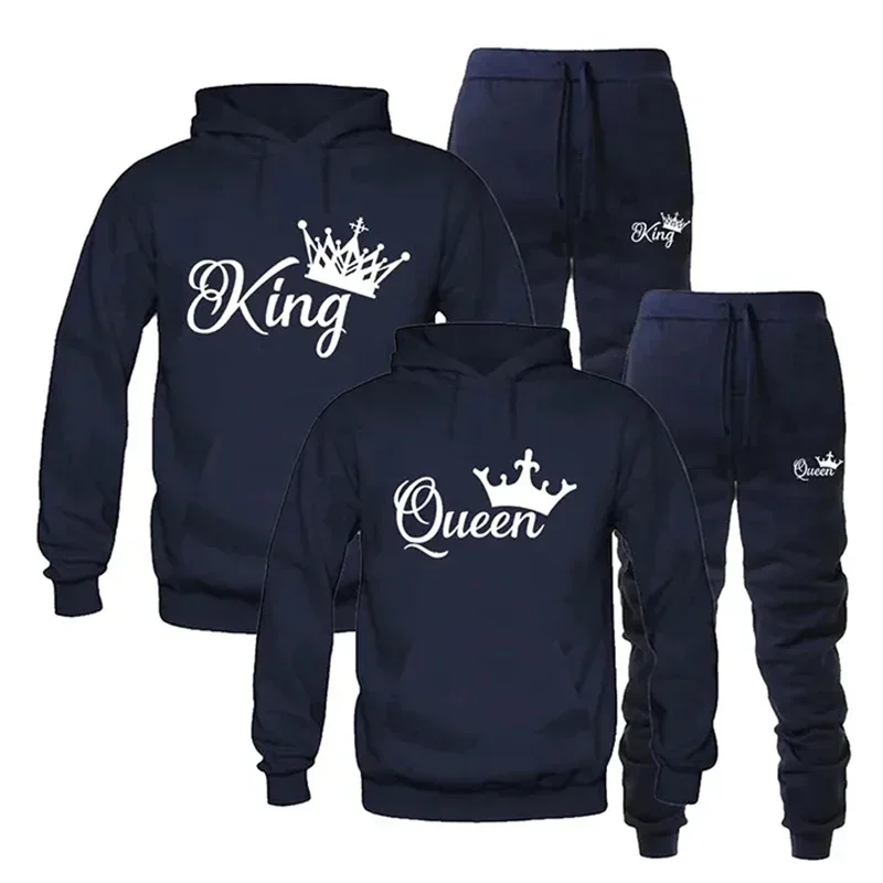 King Printed Autumn Winter Outdoor Sport Hoodies Cotton Fleece Tracksuit 2 Pieces Sets Sweatshirt+Pants Suit Hooded Sportswear