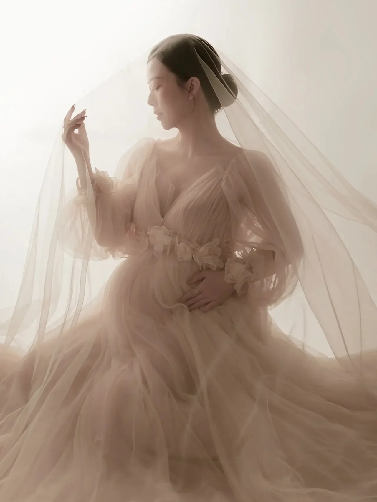 Robe Longue en Maille pour Femme Enceinte, Tenue de Séance Photo, Col en V, Manches sulf, Tulle Floral, Couleur Champagne, Accessoires de Photographie