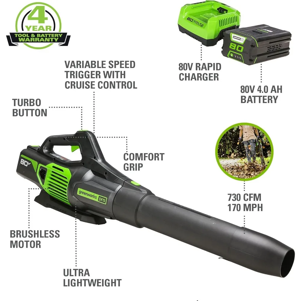 80V (170 MPH / 730 CFM / 75+ Compatible Tools) Cordless Brushless Axial Leaf Blower, 4.0Ah Battery and Rapid Charger Included