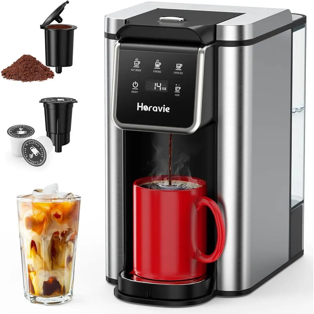 

Compact 6-14oz Coffee Maker with K-Cup Pod and Ground Support, 50oz Water Reservoir, Strong Brew Option, Fits 6.5 Mugs, Stainles