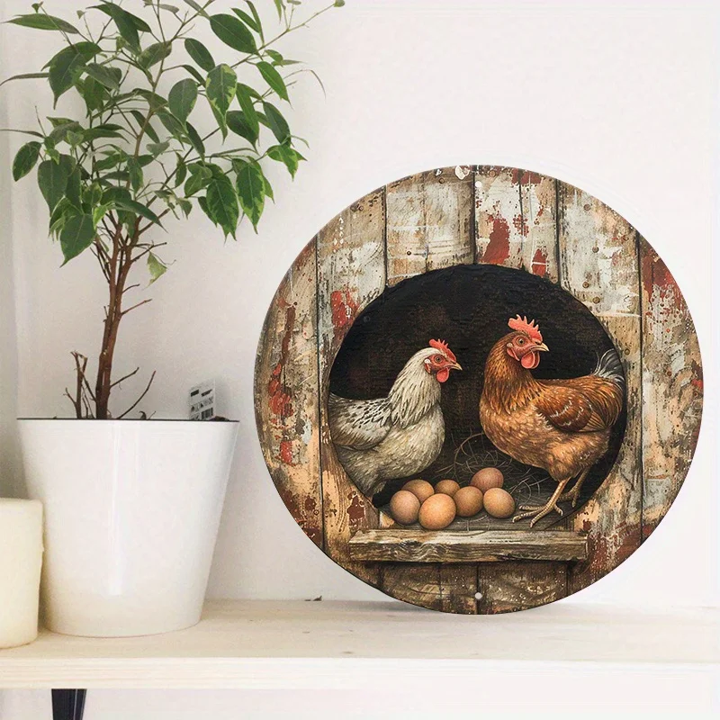 1pc 8x8 Inch Aluminum Chicken Coop & Eggs Theme Vintage Round Wall Sign for Home, Apartment, Cafe & Man Cave Decor - Waterproof