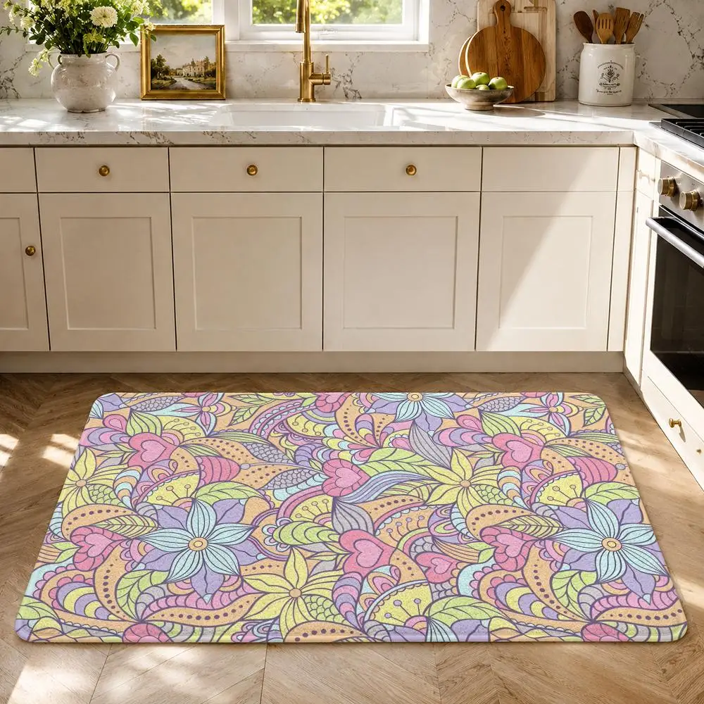 Doodle Floral Swirl And Hearts Floor Mat Flannel Rug Soft Non Slip Washable Door Mat For Bathroom Bedroom Kitchen Home Decor