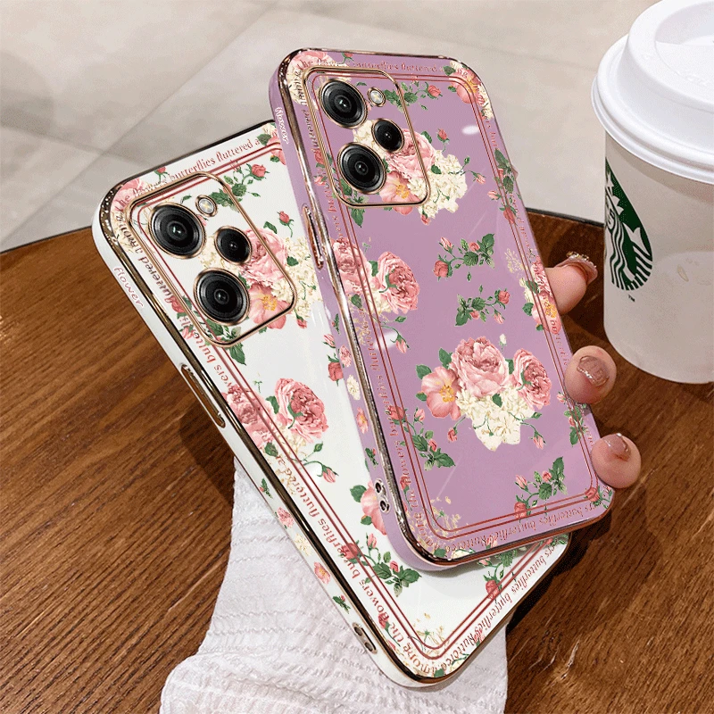 X5Pro Pink Rose Luxury Plating Phone Case For Xiaomi POCO X5 X5Pro C55 C65 F5 M3Pro M4 X3NFC X3GT X3Pro X4Pro X4GT Cover