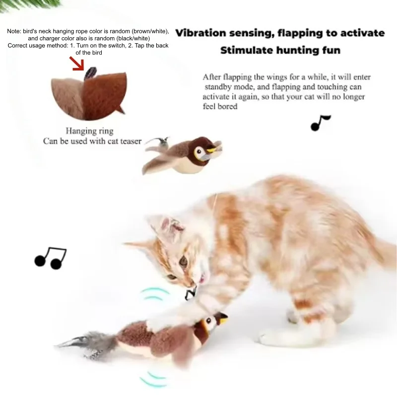 Juguete Interactivo para Gatos y Perros, Pájaro Simulado Recargable con Sonido y Movimiento (No Vuela), Juguete de Peluche Activado por Tacto para Mascotas