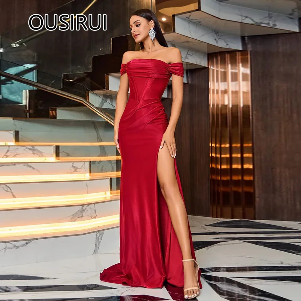 

Formal Mermaid Evening Party Gown Boat Collar Saitn Pleated Backles Zipper Court Classy Prom Party Dress Side Slit Customizable