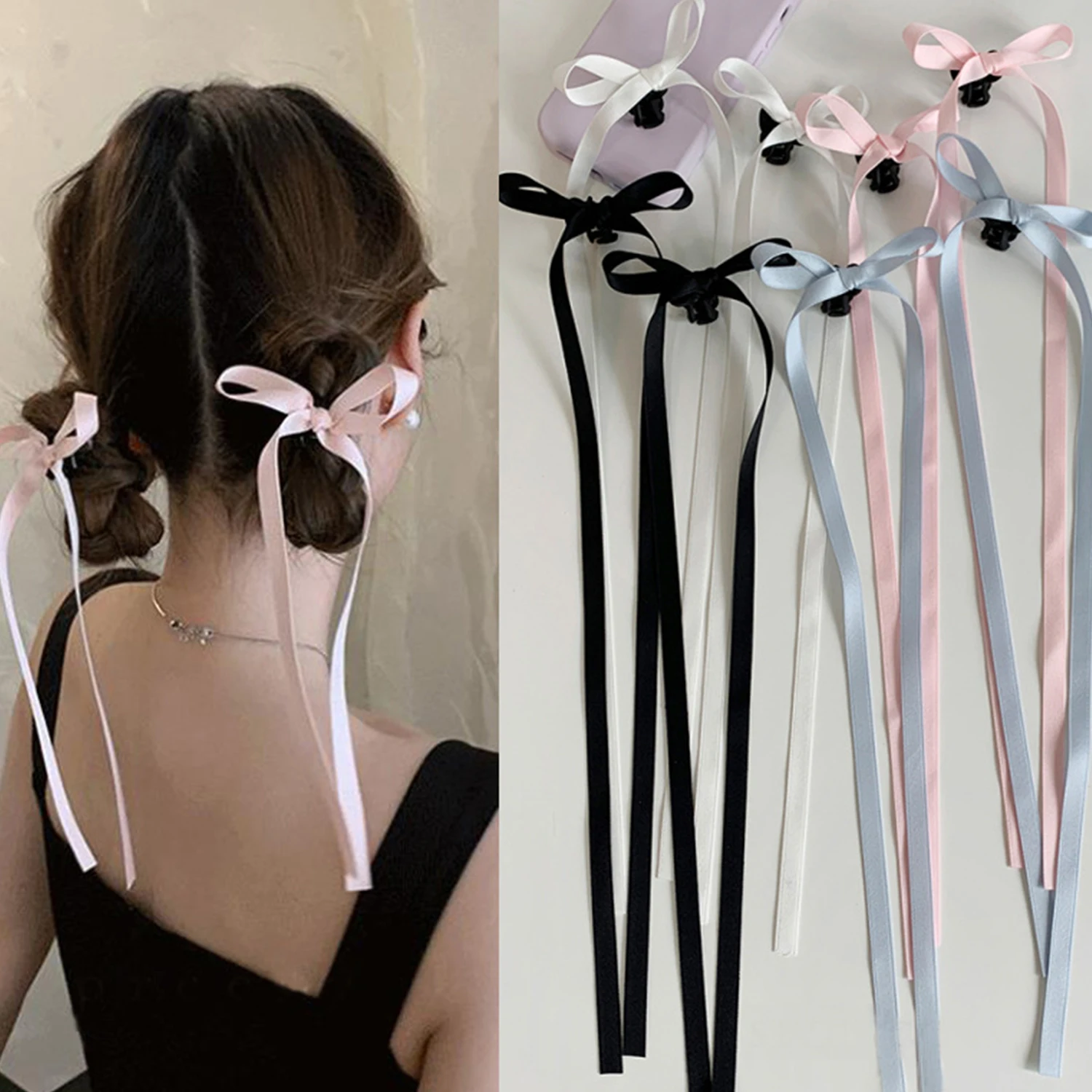 

1Pair Long Silk ribbon Bow Hair Clip Trend Colors Hairpins Barrettes Small Hair Claw Women Girls Headwear Wedding Y2K Jewelry