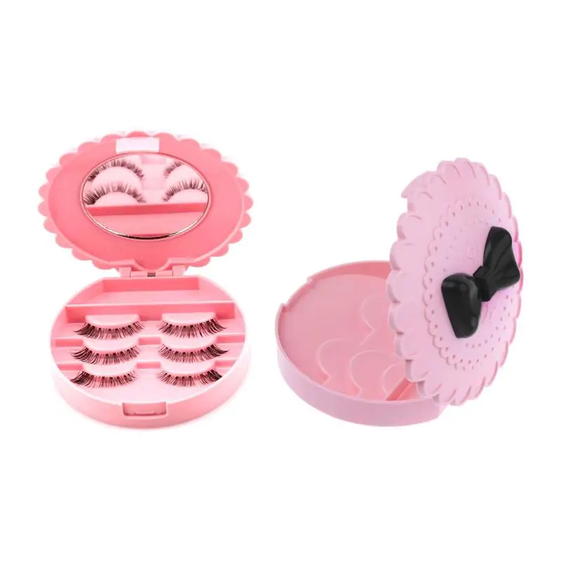 【M】1Pc False Eyelash Storage Box Pink Bowknot Design With Mirror Display Box Case Organizer Makeup Cosmetic Tool Gift For Women