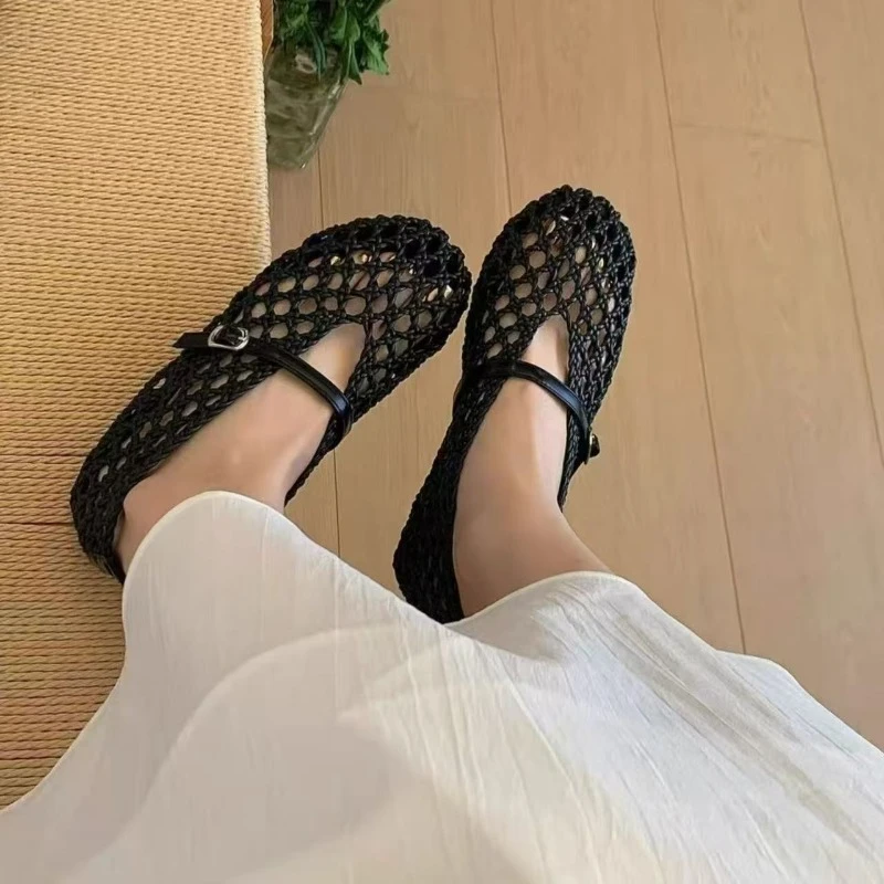 Fashion Woven Hollow Out Breathable Mary Jane Shoes Women's 2026 Summer New Flat Comfortable One-button Single Shoes