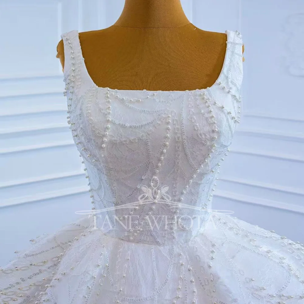 Customized Ball Gown Sequined Bridal Dress With Lace-Up Back And Square Collar For Wedding