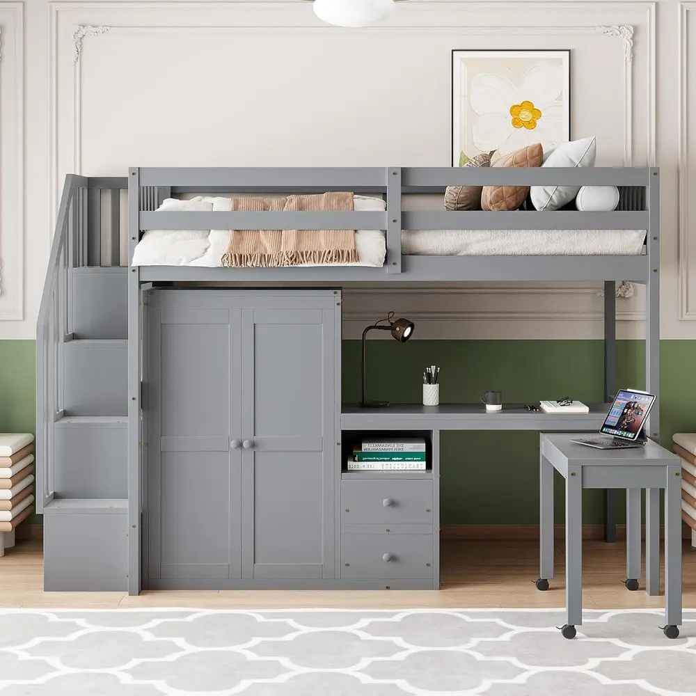 Gray Twin Size Wooden Loft Bed with Desk, Wardrobe, Storage Stairs, and Safety Rails - Space-Saving Furniture for Kids, Teens, a