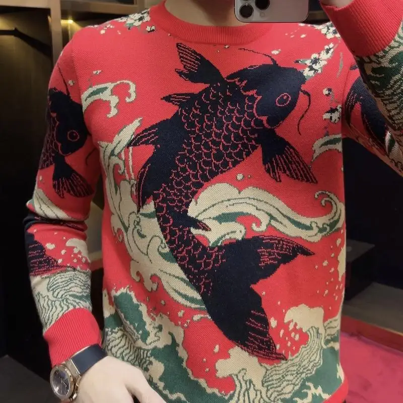 

2025 New Year Men's Autumn Winter Faion Knitted Thiened Sweater round Ne Red Luy Carp Embroidery Ethnic Sle Loose Fit