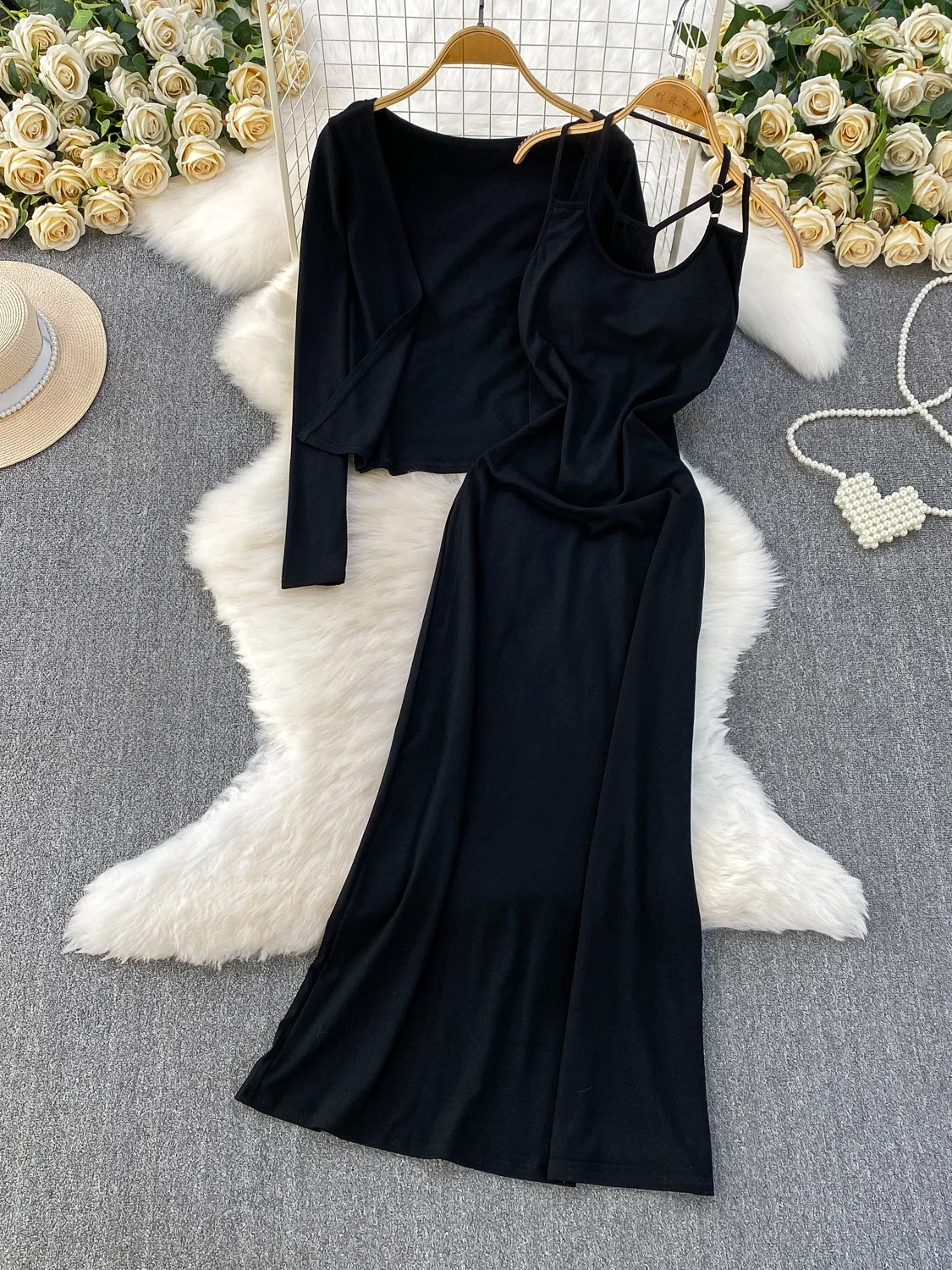 2025년 가을 한국 스타일 우아한 오픈 가디건 코트 섹시한 홀터넥 스트랩 드레스 가슴 패드 포함 젊은 여성용 투피스 세트