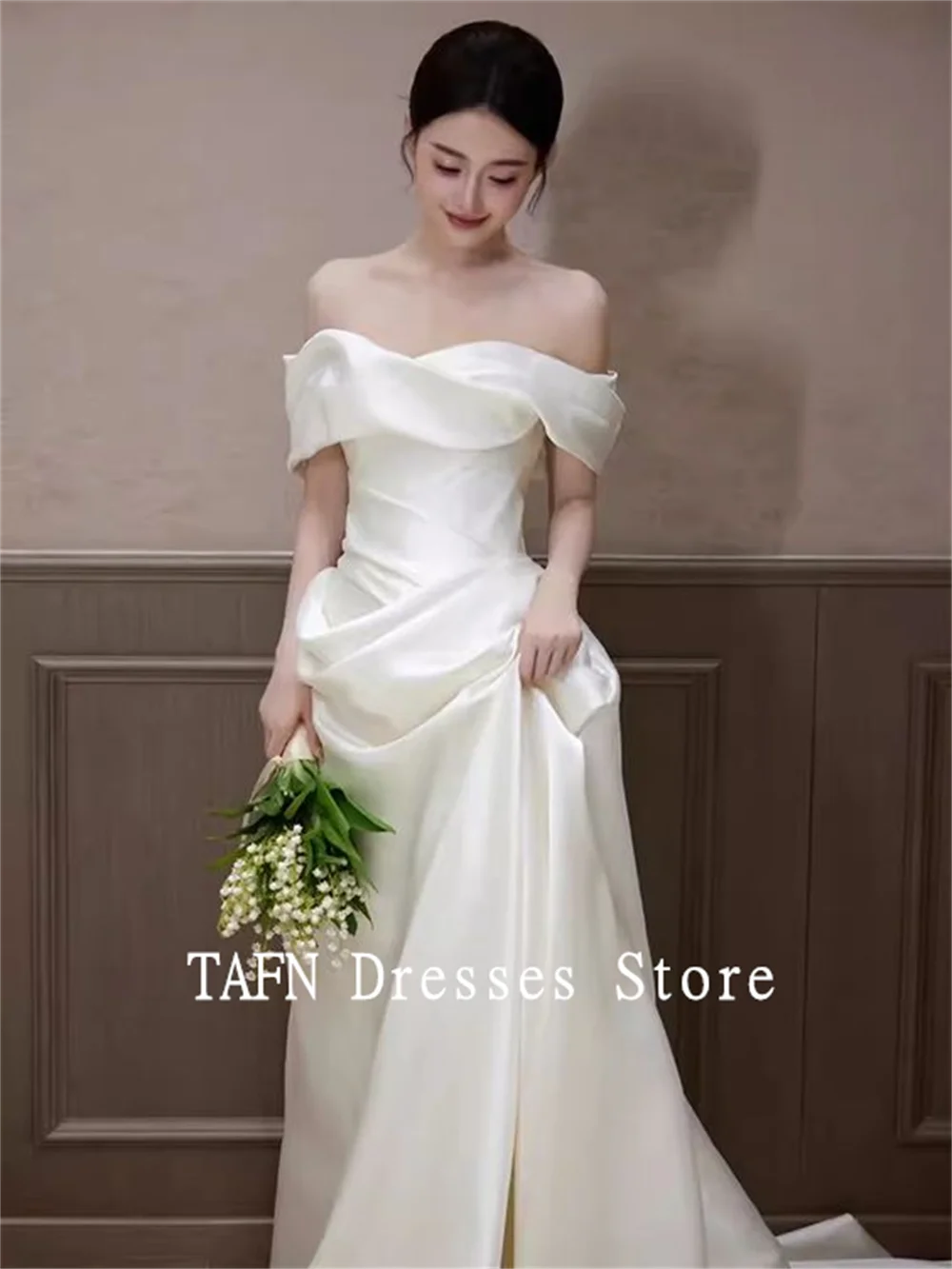 TAFN White Satin Simple Wedding Dresses Korea Custom Made Gown Off the Shoulder A-line Sweep Train Bridal Gown Photo Shoot