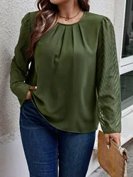 Women's Plus Size Solid Round Neck Mesh Patchwork Long Sleeved T-shirt Temperament Casual Commuting Versatile Fashion T-shirt