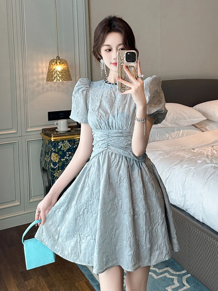 French Elegant Retro Mini Dress for Women Celebrtity Bubble Sleeve Corset Pleated Ball Gown Female Party Banquet Vestidos Mujer