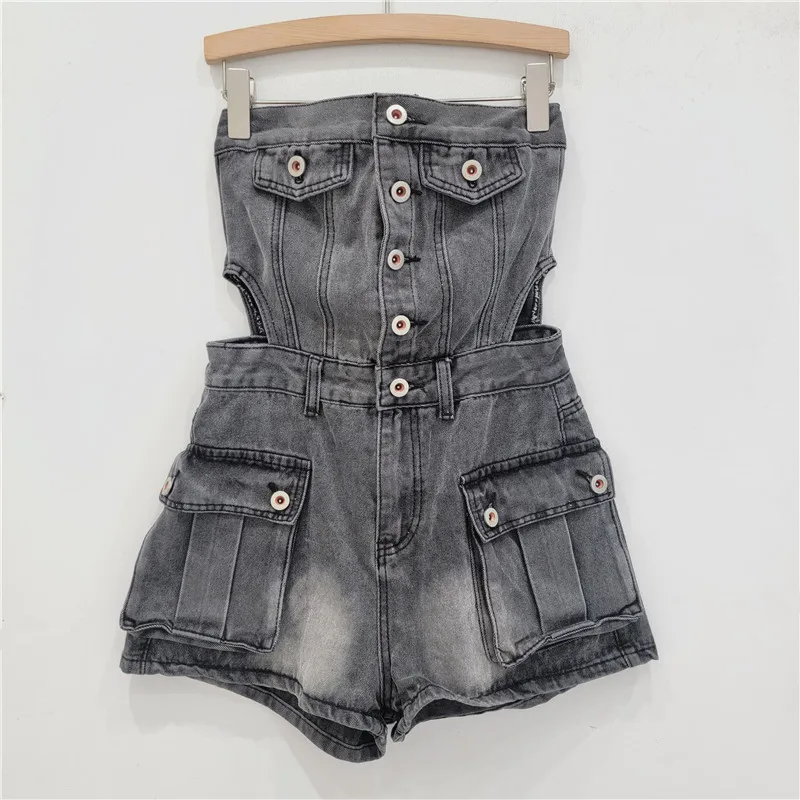 Women's Denim Jumpsuit Shorts - Summer Fashion A-Line Wide Leg Overalls with Button Details, Trendy Workwear Style