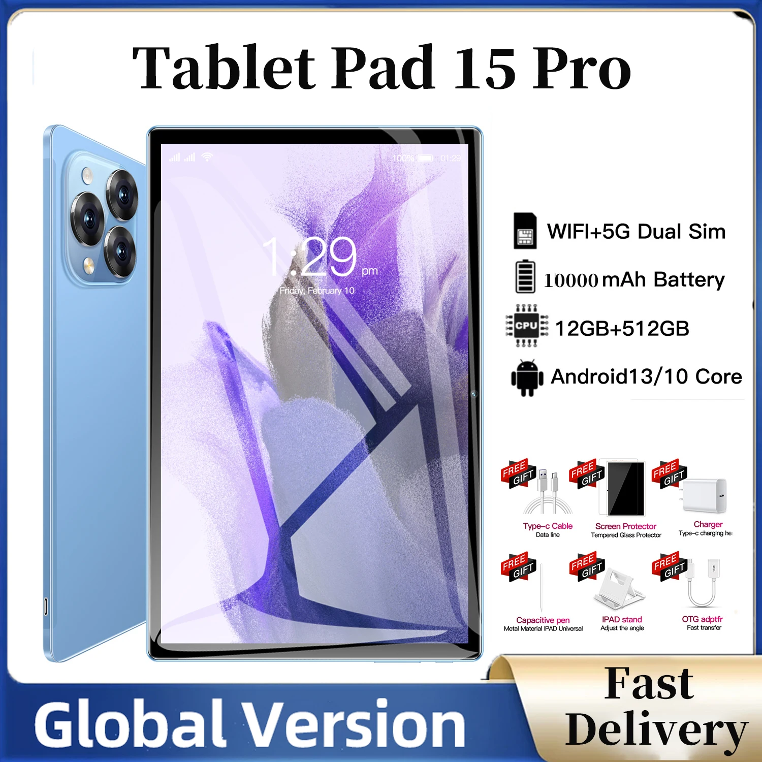 

Global Version Pad 15 Pro Tablets 16GB 1024GB Android 13 AI Powere 11 Inch 5G Dual SIM GPS Bluetooth WiFi WPS Tablet PC 2024