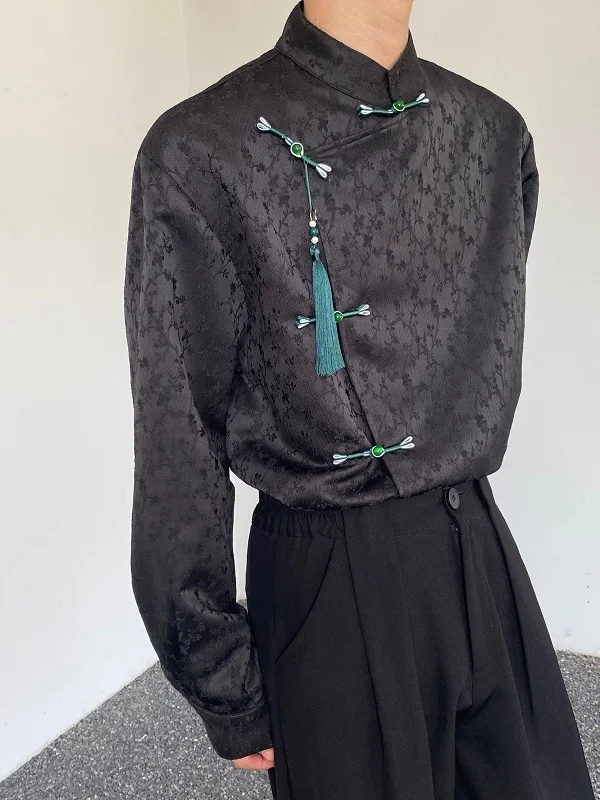 

New Chinese Style Men's Shirt with Button Design Long Sleeve Autumn New Arrival Retro Small Audience Top National Trend