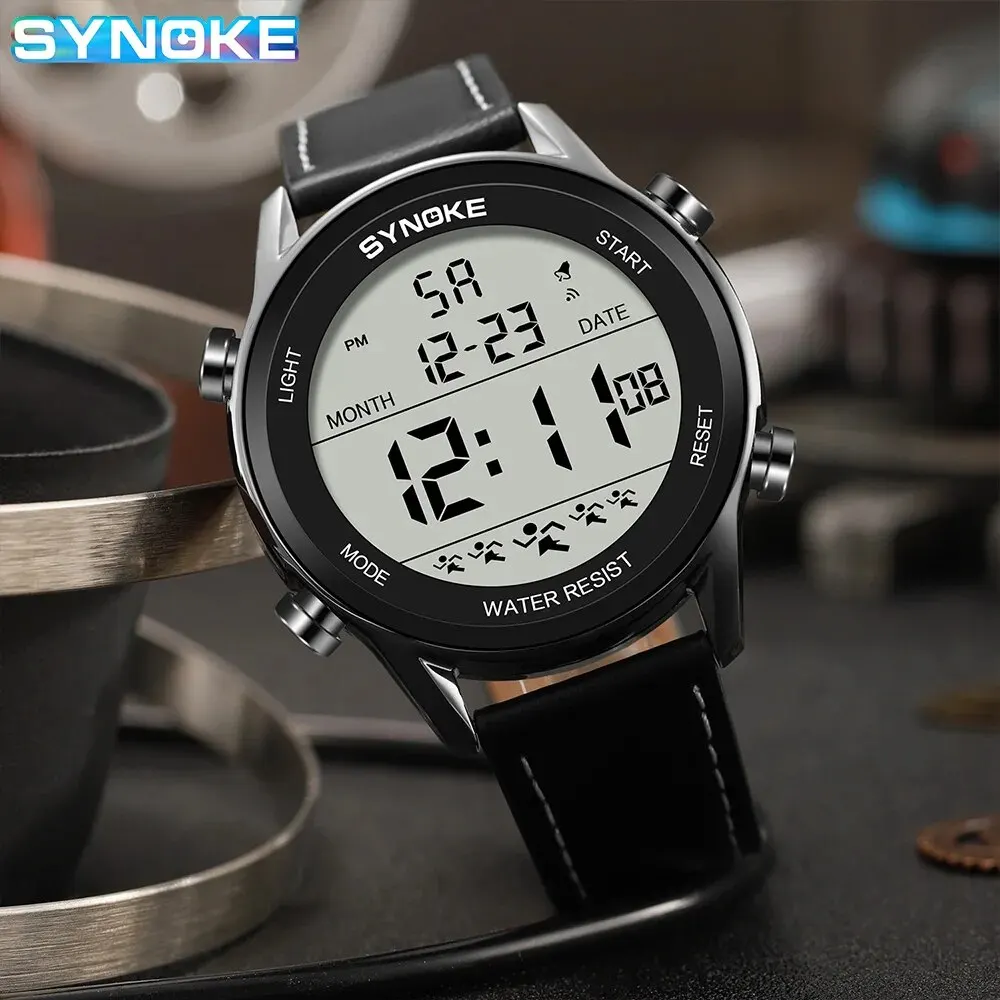 SYNOKE Men Outdoor Sports Multifunctional Waterproof Large Screen Display Luminous LED Digital For Men Fashion Belt Watch