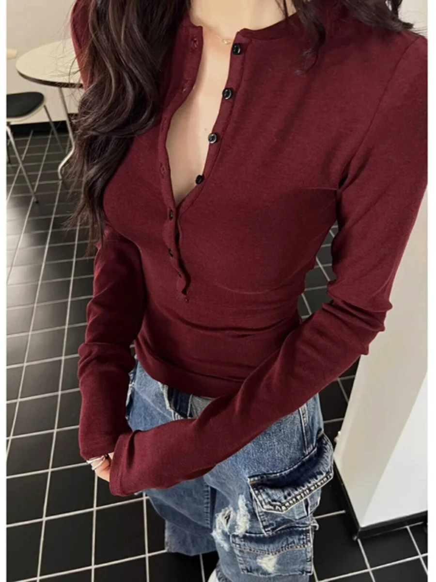 American Style Long Sleeve T-Shirt Women's Autumn Winter Inner Wear Base Shirt Waist Cinching Design Unique Top Commute Style
