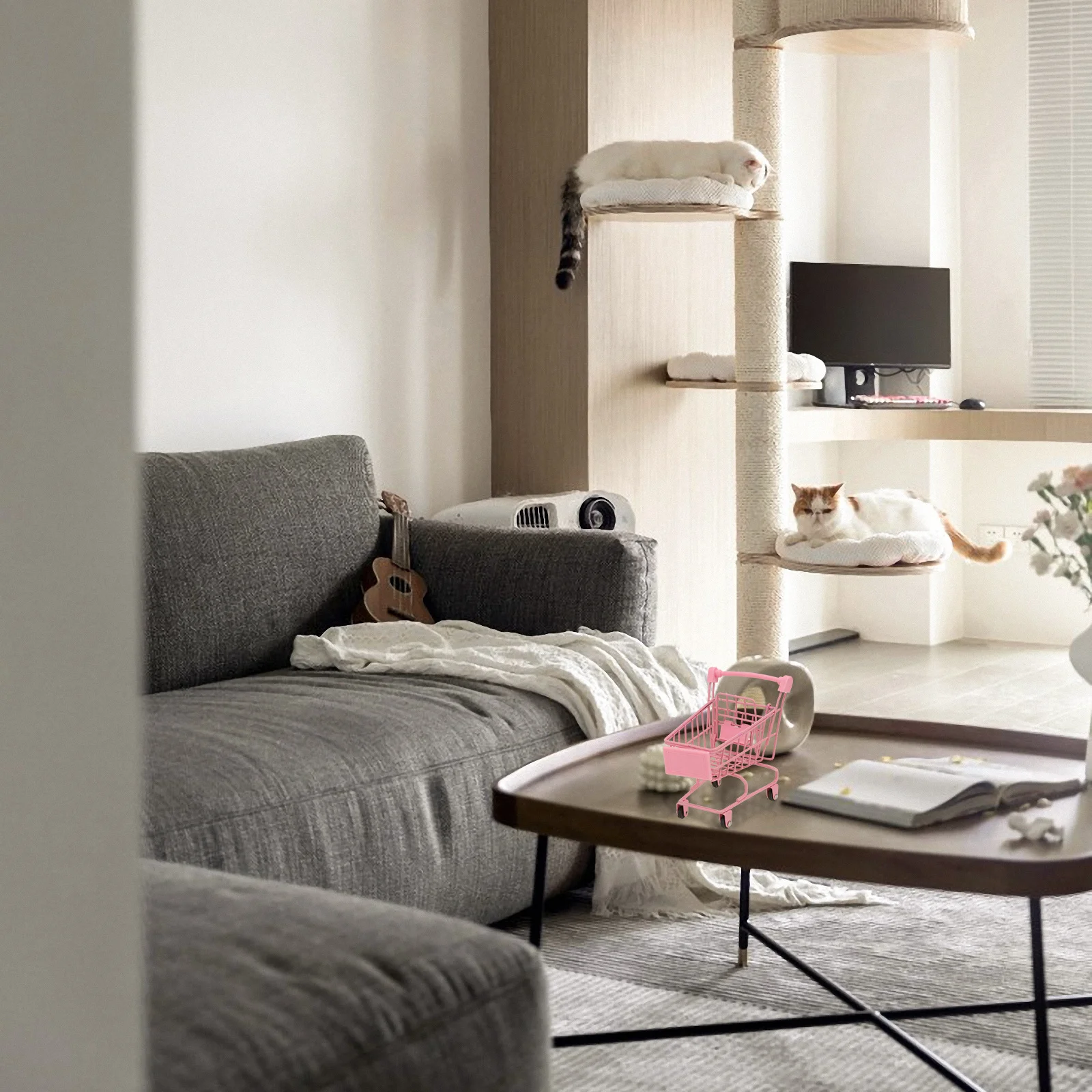 Mini Shopping Cart Trolly Ornament Storage Basket Desktop Organizer Girl Photo Prop Wheel Color Random