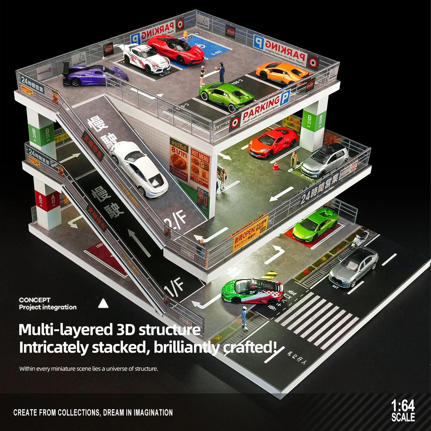 1/64 Japanese Style Slope Lighted Parking Model Lot Underground Garage Assembly Miniature Scene Display Piece image 2