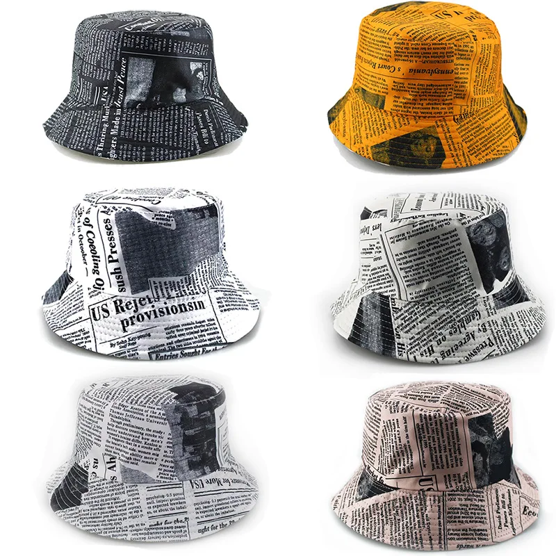 Vintage News Print Bucket Hat Men Women Street Style Fisherman Cap Summer Outdoor Sun Protection Travel Beach Casual Panama Hat