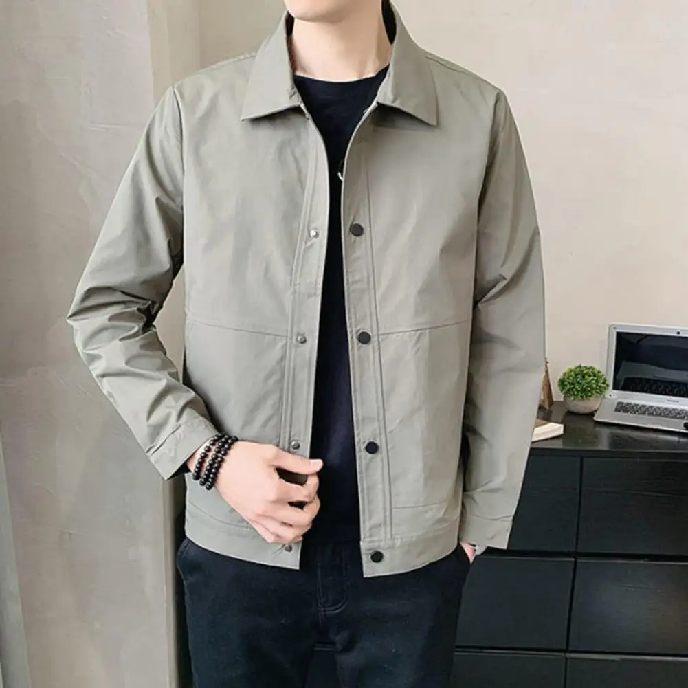 Button-up Jacket Stylish Men's Lapel Jacket with Velvet Lining Button Closure Pockets Solid Color Outwear for Autumn Winter