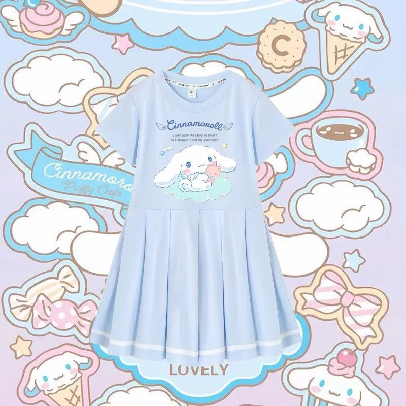 

Anime Cartoon Kawaii Sanrio 2026 New Girl Short Sleeves Dress Western Style Cinnamoroll Summer Princess Pure Cotton Skirt Gift