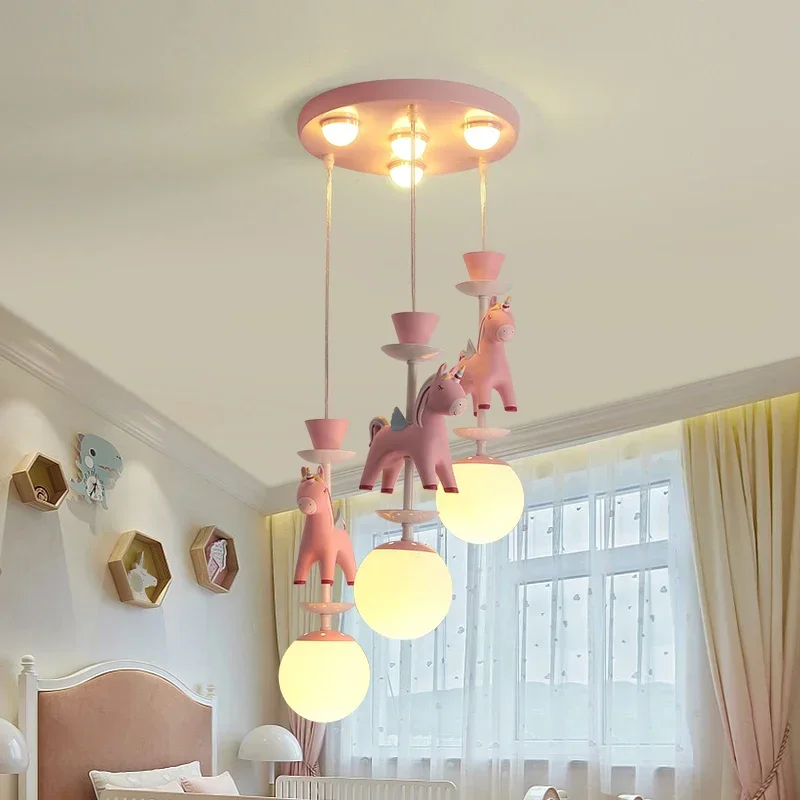 

TY Modern Pendant lighting Cartoon Creative Resin Pony for Princess Children's Room Bedroom American Colored rotate Horse Lights