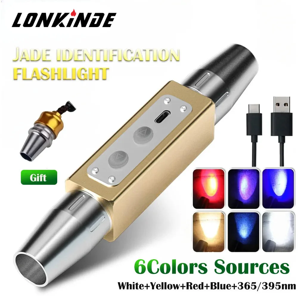 

6 Light Sources Powerful Jade LED Flashlight Inspect USB Rechargeable 365/395NM UV Torch for Emerald Jewelry for Gems Amber