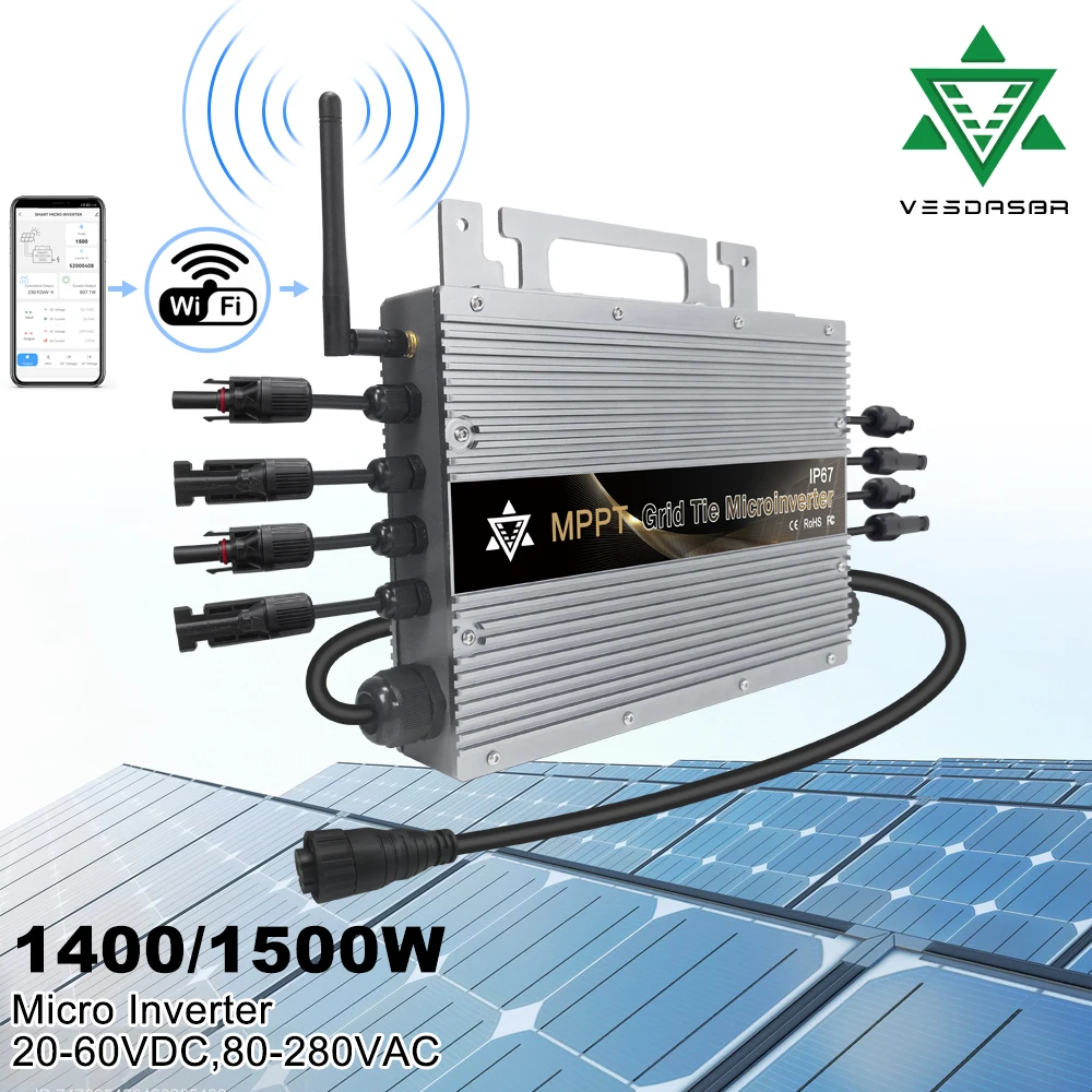 1400W 20-60VDC 80-265VAC Solar Grid Connected Micro Inverter, IP67 built-in WiFi, Can Connect 4 Solar Panels of 210-350W