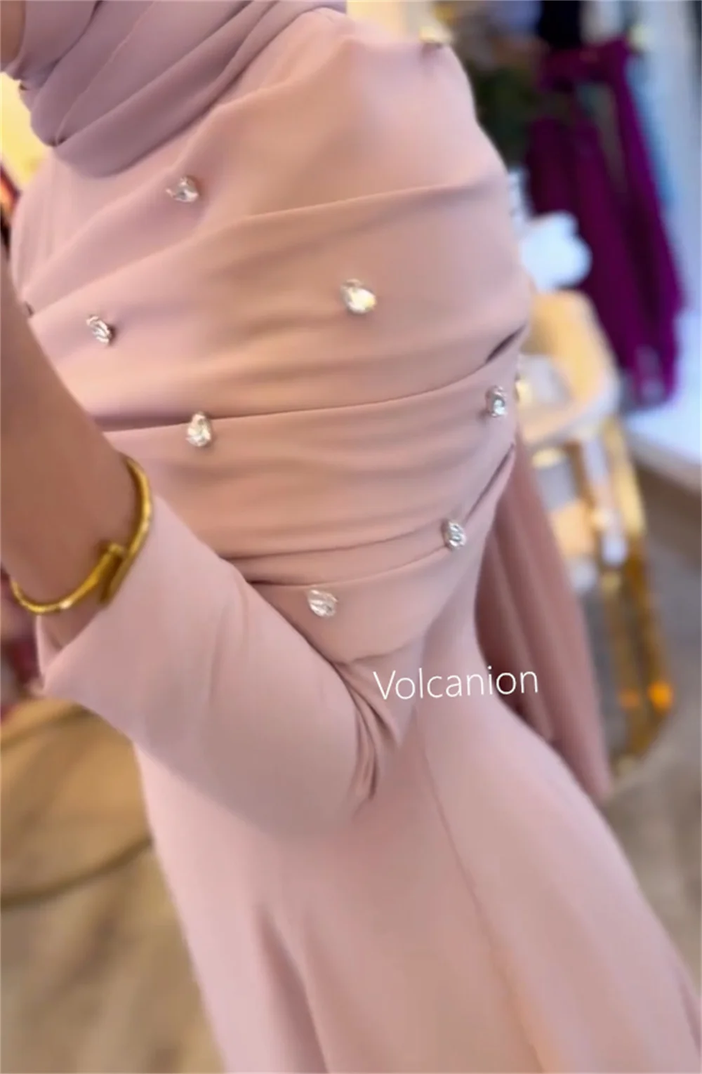 Customized Jersey Rhinestone Pleat A-line High Collar Long Dresses Bespoke Occasion Evening Simple Elegant