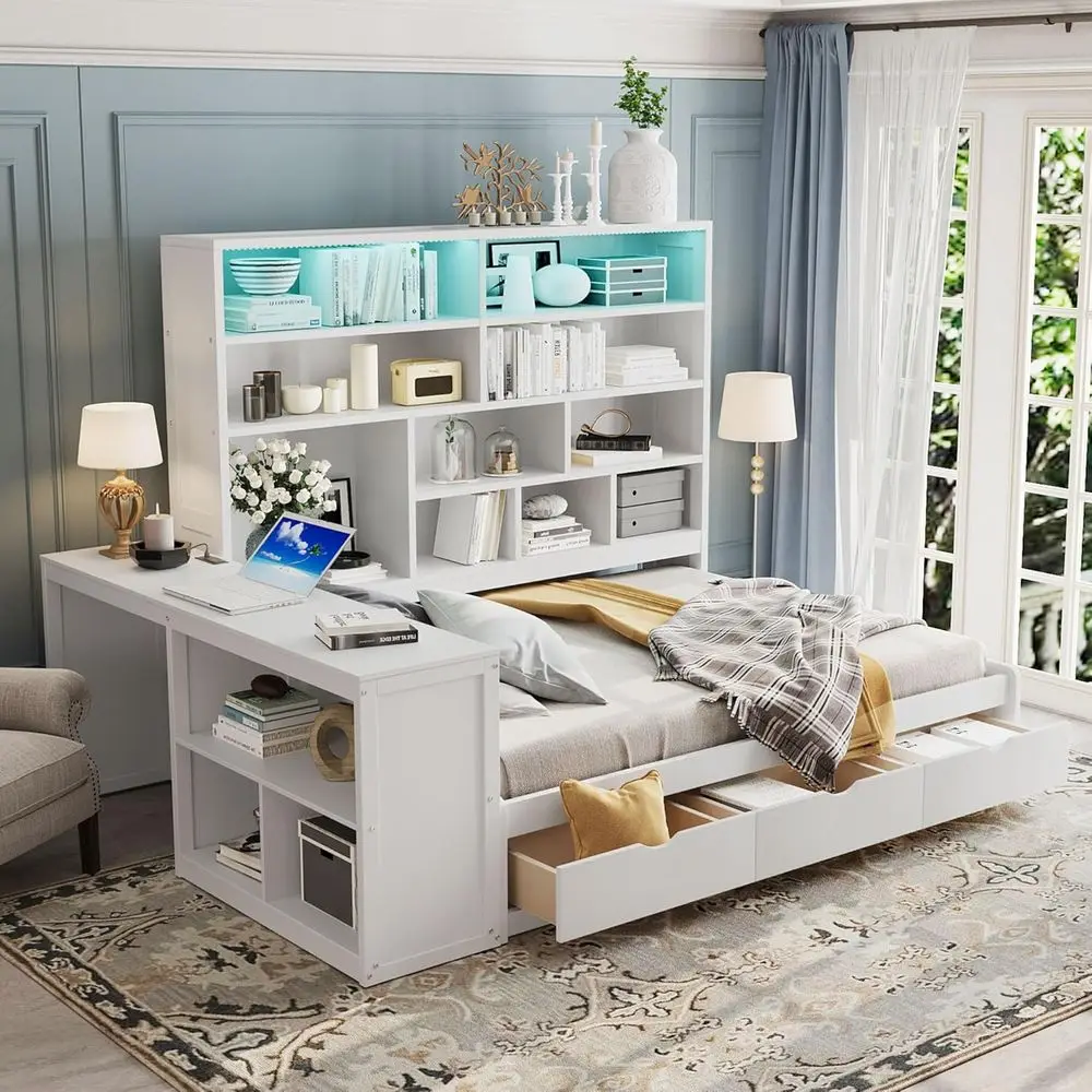 

L-Shaped Day Bed with Drawers, Desk, Bookcase, LED Lights, USB Ports - White
