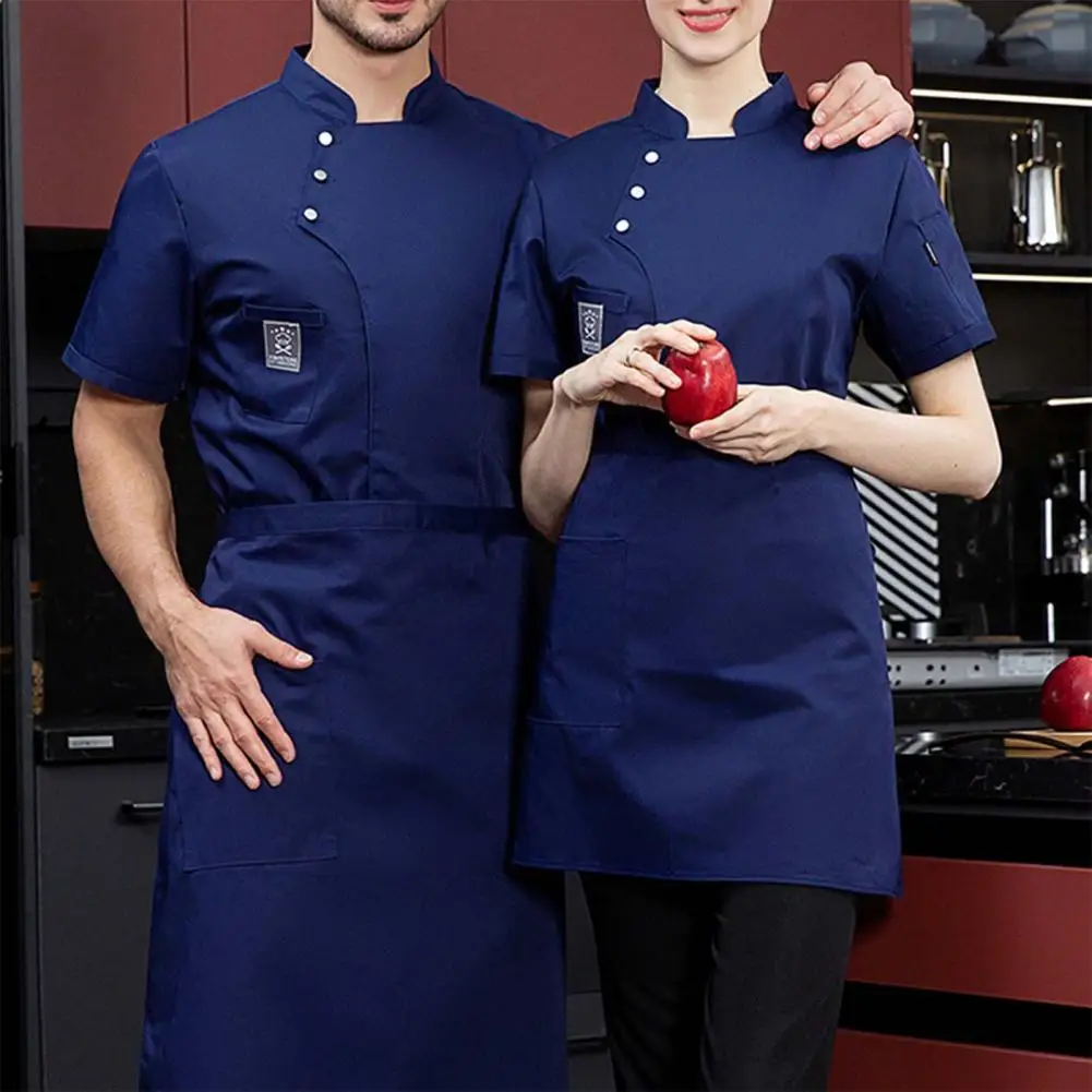 Unisex Chef Shirts Short Sleeves Stand Collar Pocket Buckle Chef Uniform Catering Work Shirts Bakery Restaurant Cooking Tops