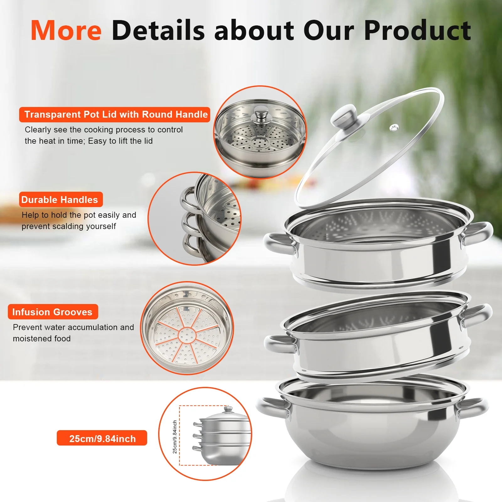 Bymaocar 3 Tiers Steamer Hot Pot Stainless Steel Cooker Steam Pot Food Cooking + Glass Lid Cookware