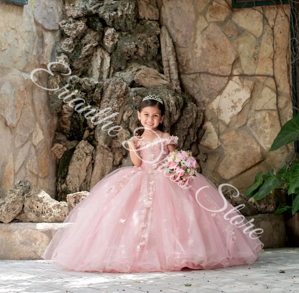 Customized Sparkling Pink Flower Girl Dress For Wedding Lace Tulle Puffy Applique Kids Birthday Party First Communion Ball Gowns