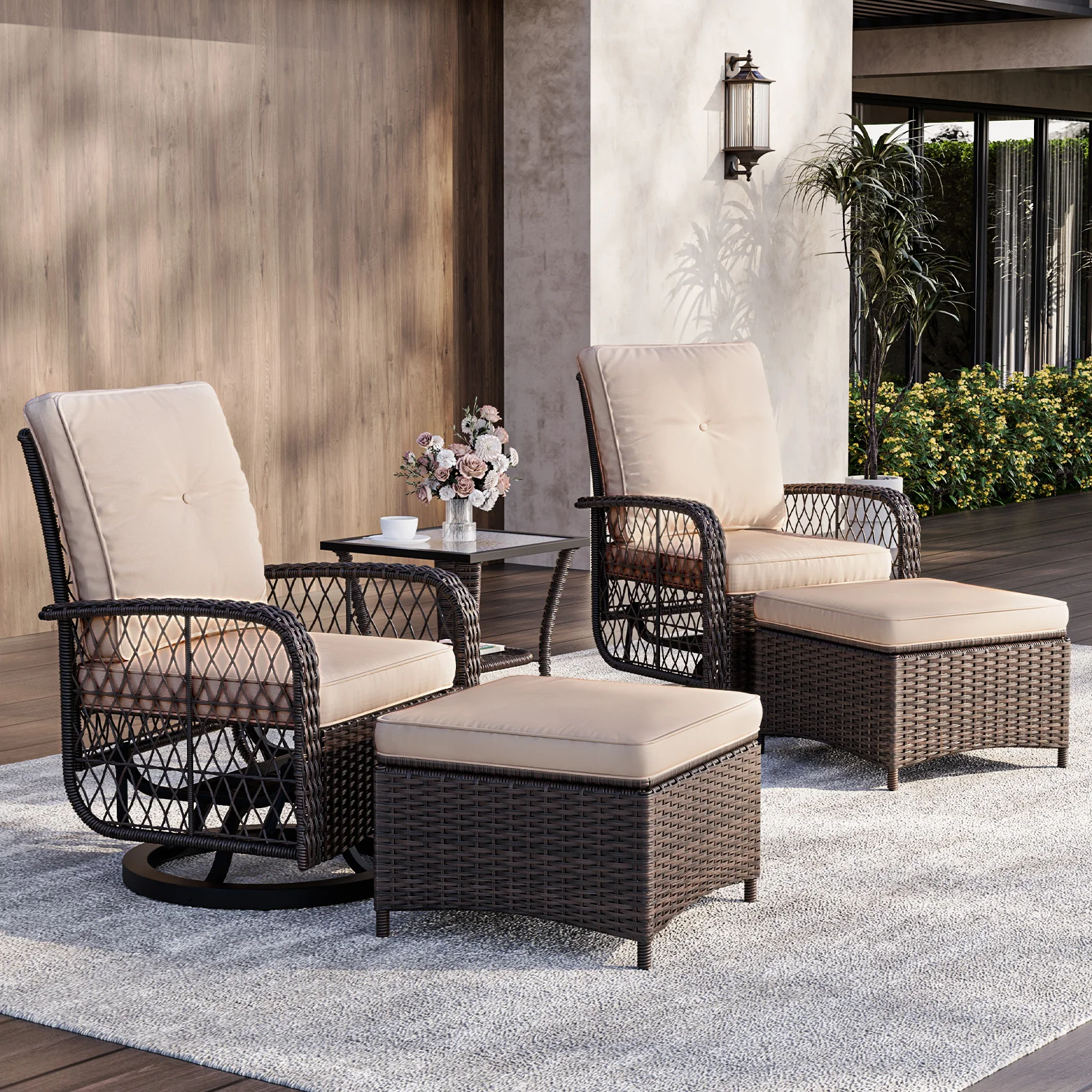 5 Pieces Patio Furniture Set Outdoor Wicker Rattan Swivel Gliders Rocker Patio Bistro Set with Rocking Chairs and Side Table