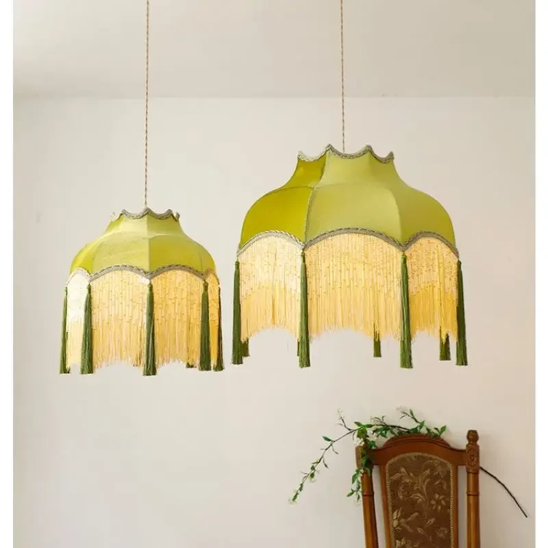 French Green Tassel Dining Room Chandeliers Retro Tassel pendant lamp Bedroom Living Lighting Suspension Luminaire cloth lamp