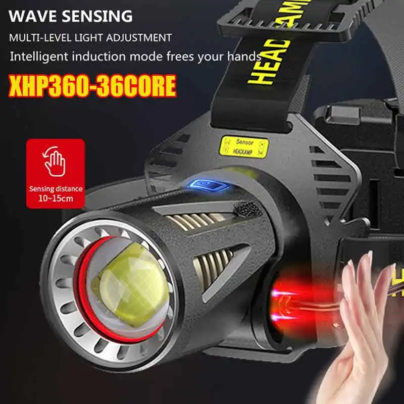 2025NEW XHP360 IR Sensor Led Headlamp Head Flashlight Type-c Recharge Front Head Light Powerful Head LED Light Fishing Lantern