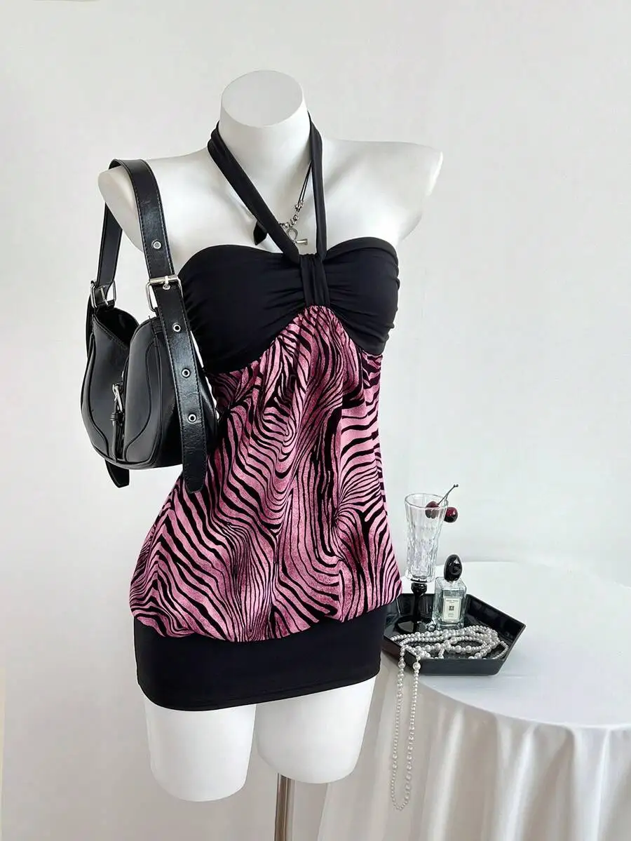 Womens Halter Neck Ruched Colorblock Zebra Print Mini Dress Summer Y2k Club Style