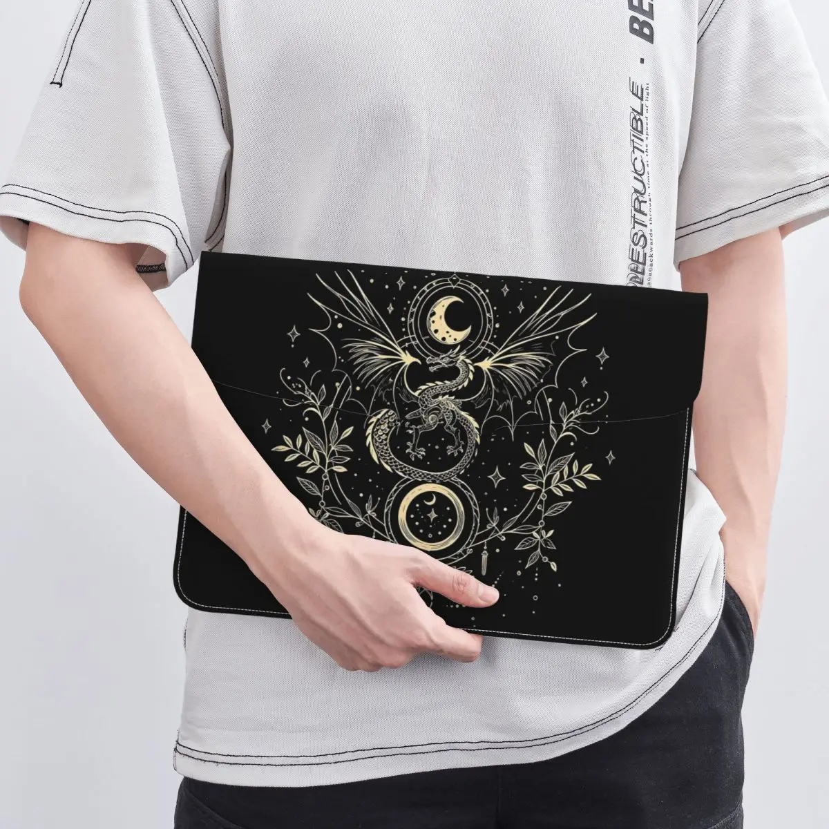 Celestial Dragon And Moon Graphic Tee Mystical Floral PU Leather Horizontal Laptop Shockproof Soft Lining Notebook Case 13 Inch