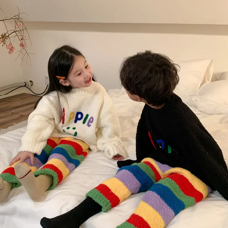 

Kids Pajamas Sets Winter Girls Letter Rainbow Sleepwear Set Boys Warm Homewear