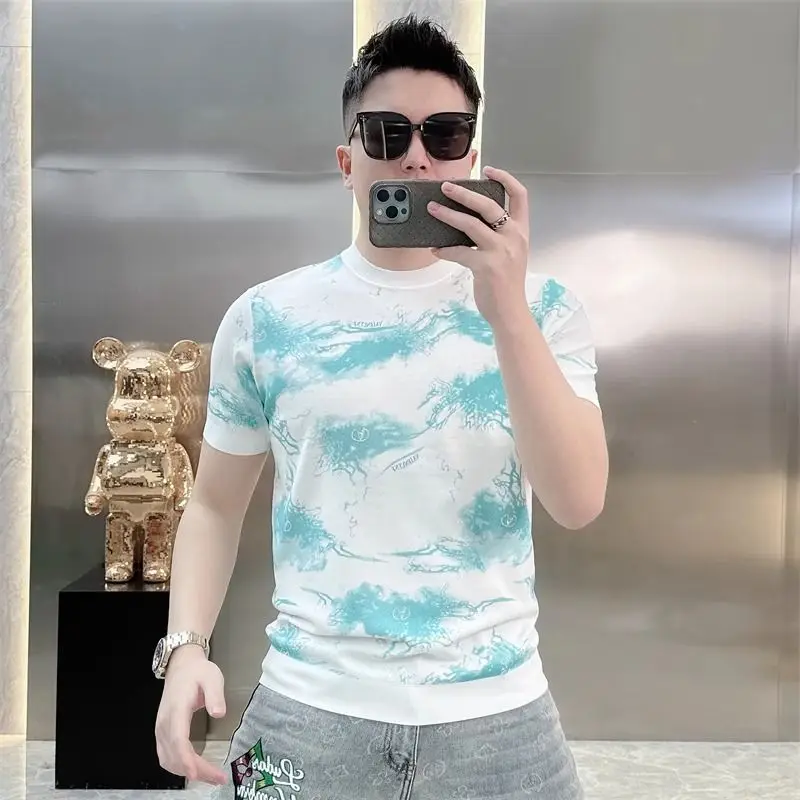 2024 Summer Personality Trend Slim Handsome Letter Jacquard Weave Printing Short Sleeve Round Neck Short Sleeve Tie Dye T-shirt