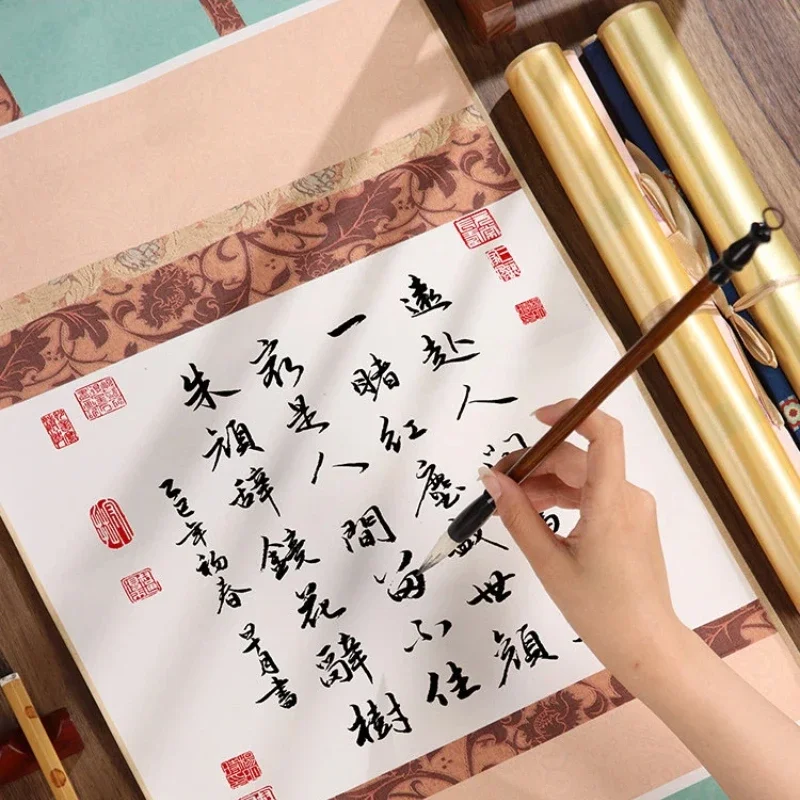 Chinese Calligraphy Blank Hanging Scroll Semi Raw Xuan Paper for Regular Script Writing Ink Painting Ornament Scroll Rice Paper
