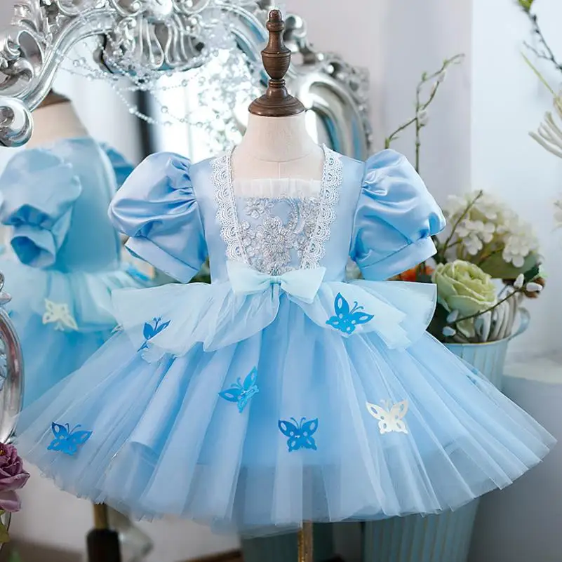 

Baby Spanish Lolita Princess Ball Gown Bow Lace Puff Sleeve Design Birthday Baptism Party Easter Eid Dresses For Girls A2657