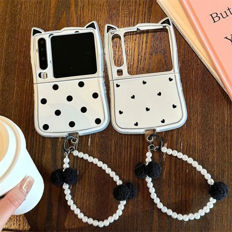 Cute 3d Ear Wrist Chain Soft Phone Case For Samsung Z Flip 7 6 5 4 3 / Xiaomi Mix Flip / Huawei Pura X Cases Protective Cover