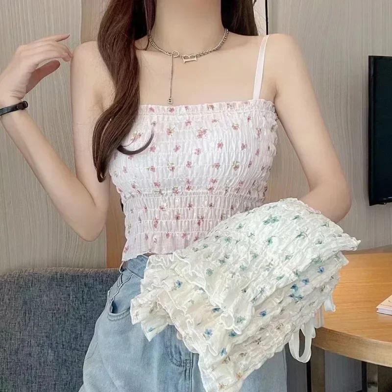 Woman Floral Printed Camisole Summer Sweet Spaghetti Strap Tank Top Female with Built in Bra Corset Women Vest with Padded