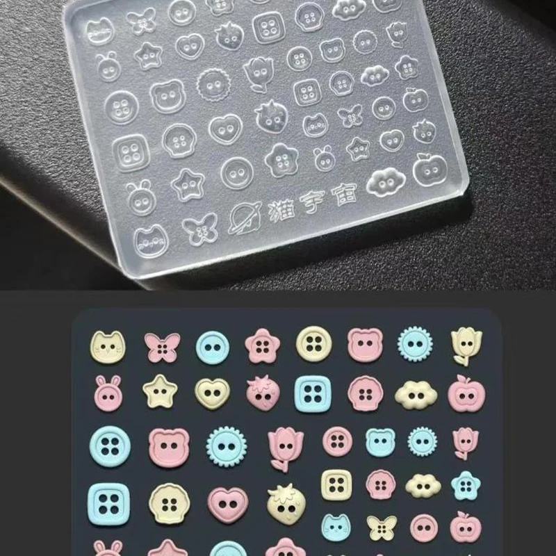 3D Clear Silicone Button Nail Mold Rabbit Bear Butterfly Star Flower Outline Button Reusable Nails Carving Molds DIY Charms Tool